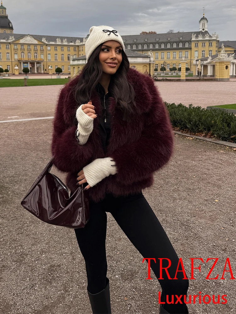 TRAFZA Vintage Faux Fur Women Jackets Solid Turn-down Collar Long Sleeve Warm Coat Chic Fashion 2025 Winter Autumn Outwear