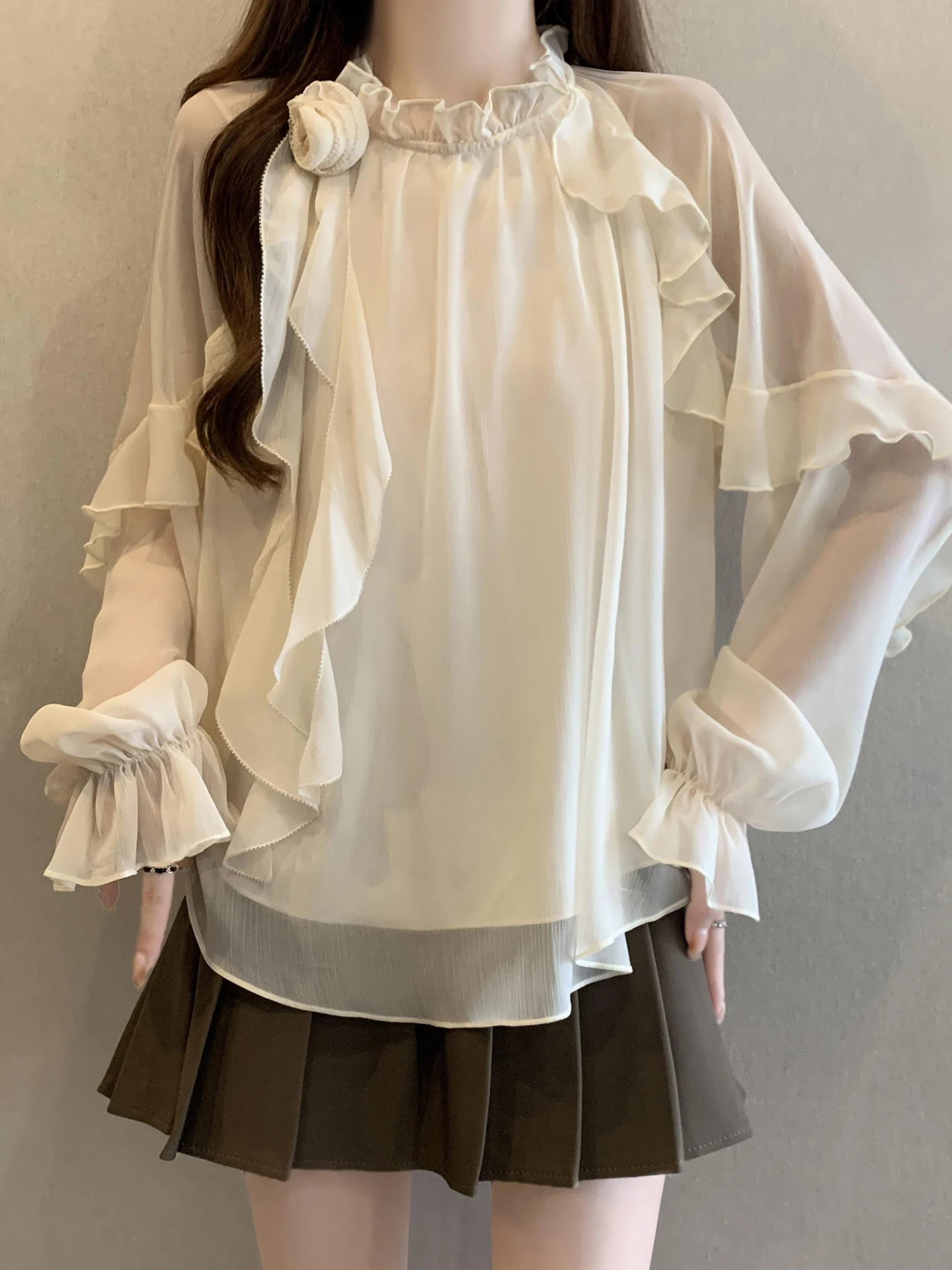 

Женская шифоновая блузка оверсайз с кружевным подолом, ранневесенняя мода, корейский стиль, длинный рукав, дышащая, приятная к телу