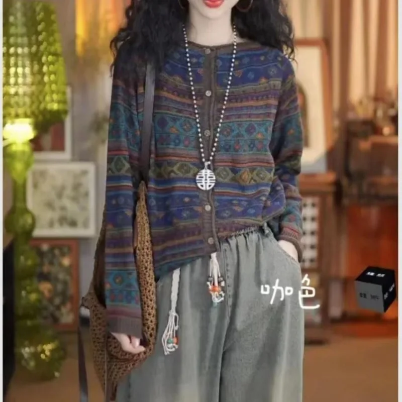 

Осенний новый полосатый свитер с круглым вырезом в стиле ретро для женщин, свободный тонкий модный и универсальный вязаный кардиган