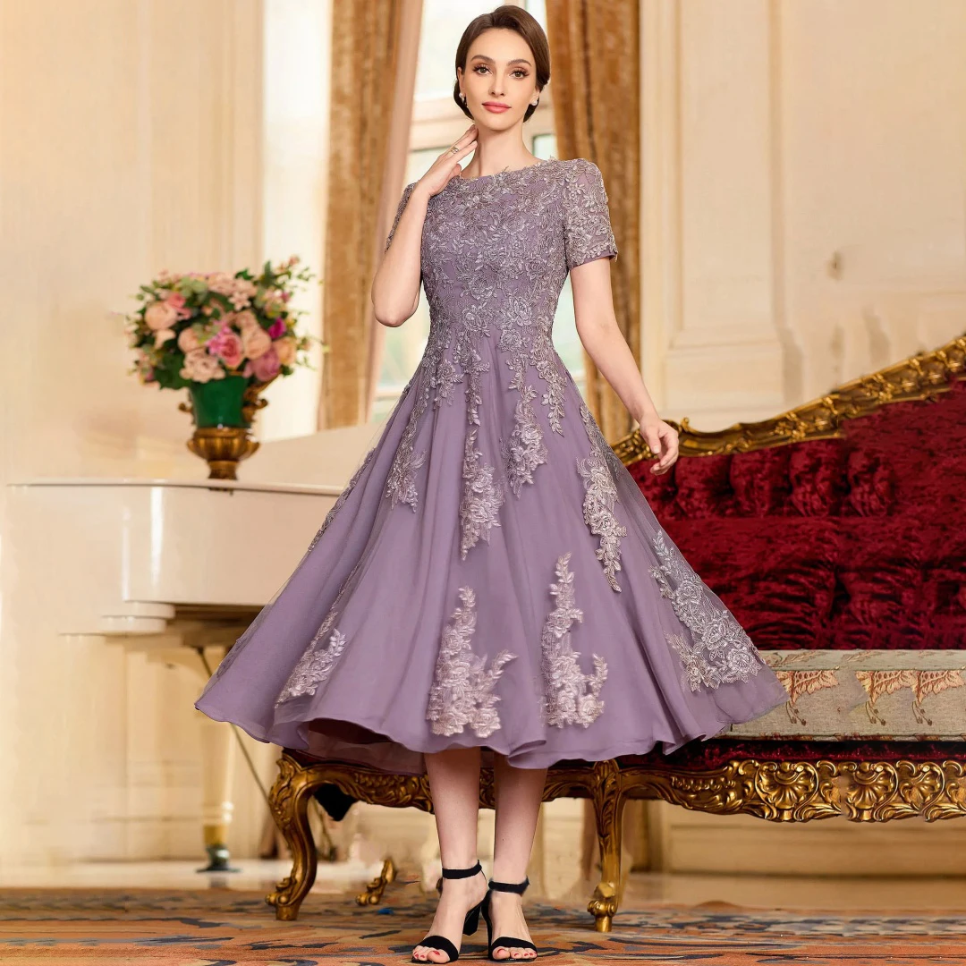 

Chiffon Appliques Mother of the Bride Dresses O-neck Short Sleeve A-line Tea-Length Formal Occasion Mom's Elegant Evening Dress