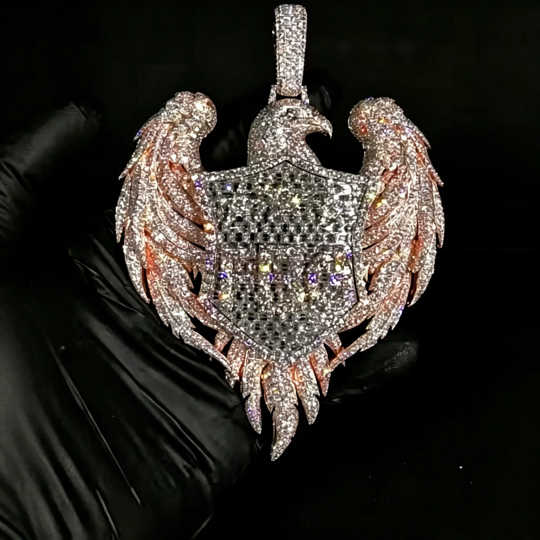 LYEE CYEE New Exquisite Jewelry Hip Hop Full Diamond Double Eagle Head Shield Pendant Cuban Chain Necklace Suitable for Rap Singers Men to Wear Birthday Gifts Anniversary Meaningful Gifts Best Gift for Good Friends