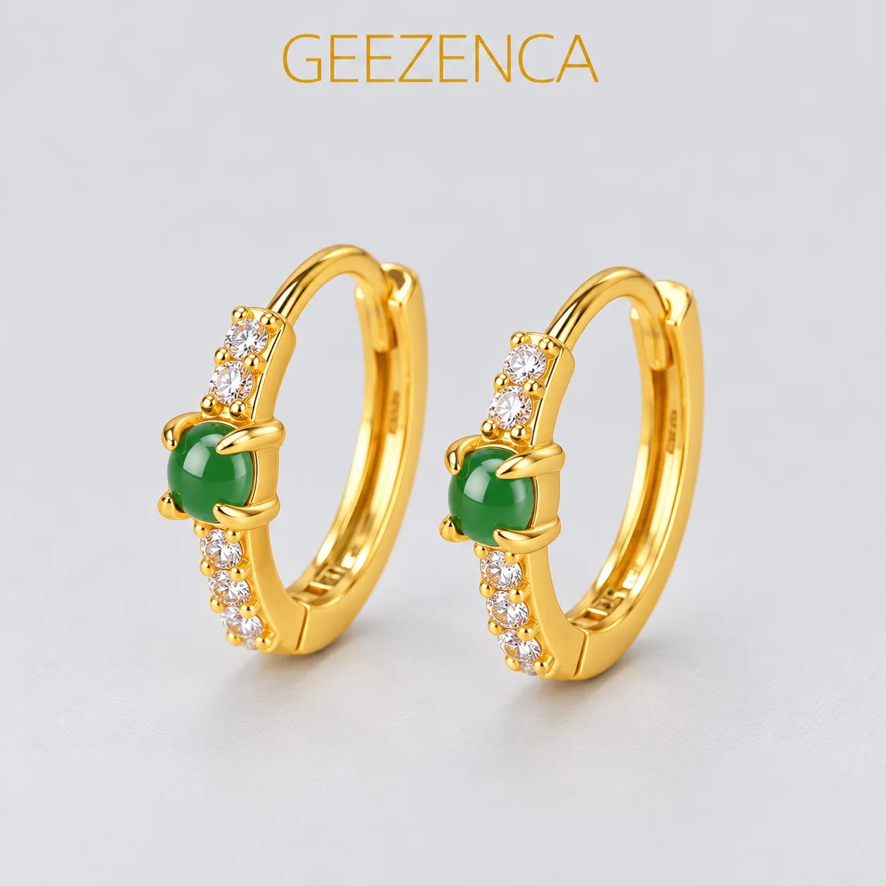 GEEZENCA Natural Jadeite 925 Sterling Silver Zircon Small Hoop Earrings For Women Green Jade Stone Chic Earring 2024 New Gift