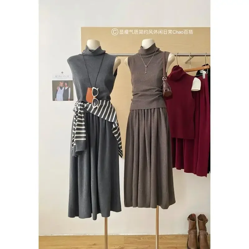 

2024 Autumn New Women Knitted Two Piece Skirt Sets High Collar Sleeveless Vest Tops + High Waist A Line Skirt Female Outfits