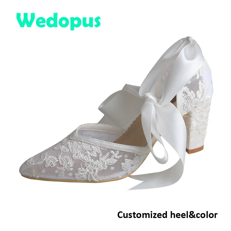 

Wedopus Elegant Ribbon Tie Wedding Shoes Bridal Embroidery Lace Bride Shoes Pointed Toe High Quality