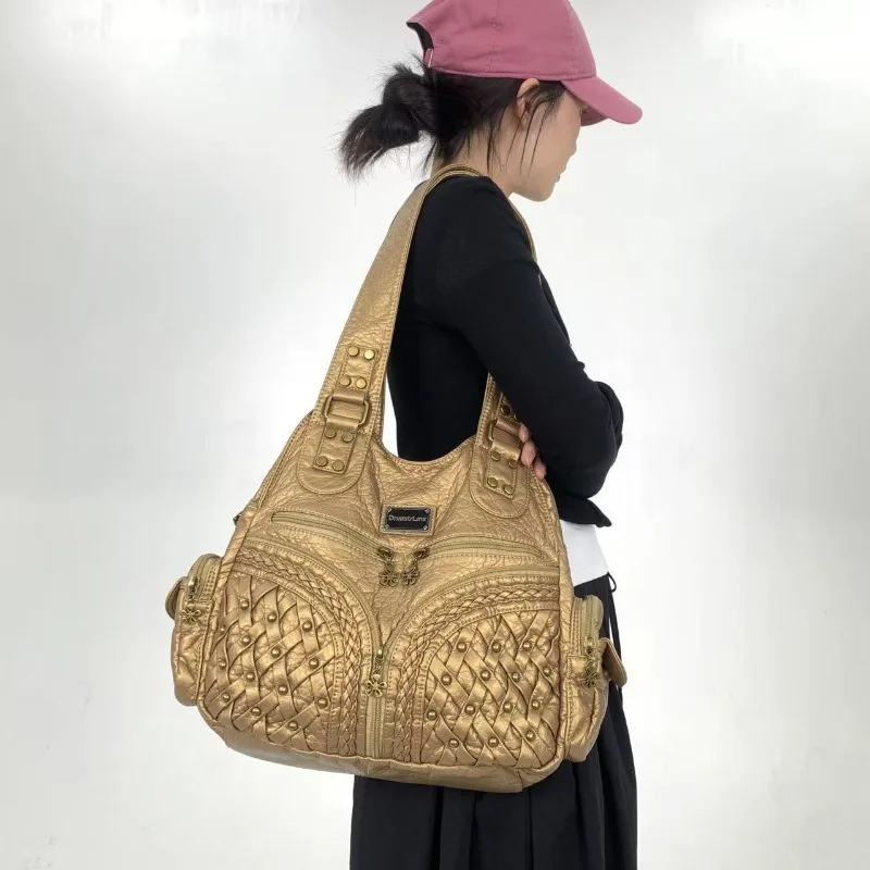 

Vintage Y2K Distressed Studded Motorcycle Shoulder Bag, Large Capacity Woven Multi-Zipper Crossbody Purse for Women