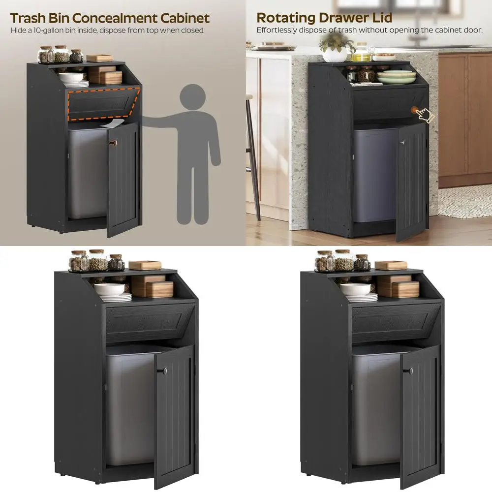 

10 Gallon Black Kitchen & Laundry Trash Cabinet with Wooden Recycling Bin and Hidden Flip Door