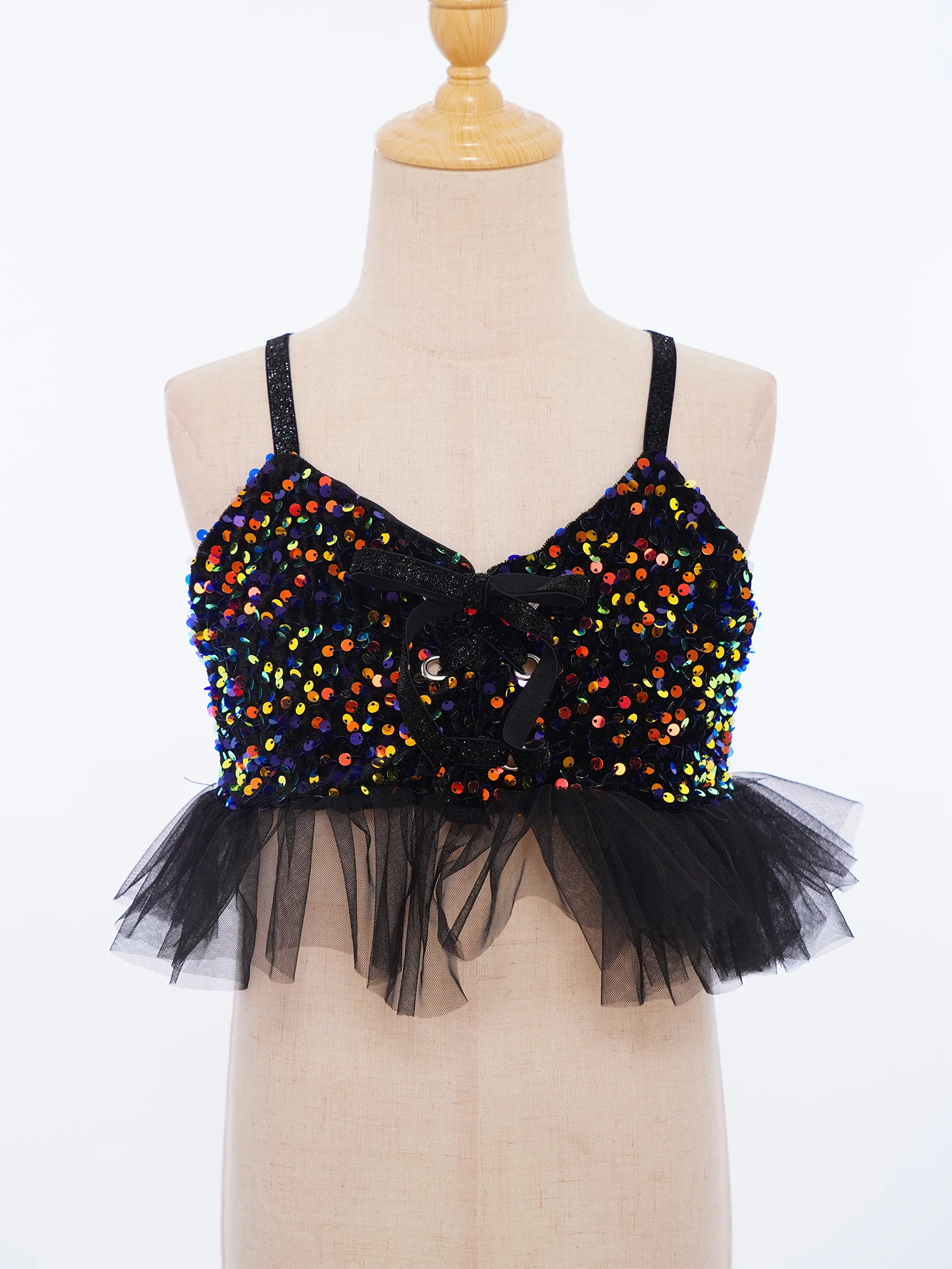 Dziecięcy dziewczęcy top do tańca jazzowego i latynoamerykańskiego, z błyszczącymi cekinami, aksamitnymi ramiączkami spaghetti, tiulowymi falbankami, bluzka na ramiączkach, kostium sceniczny.