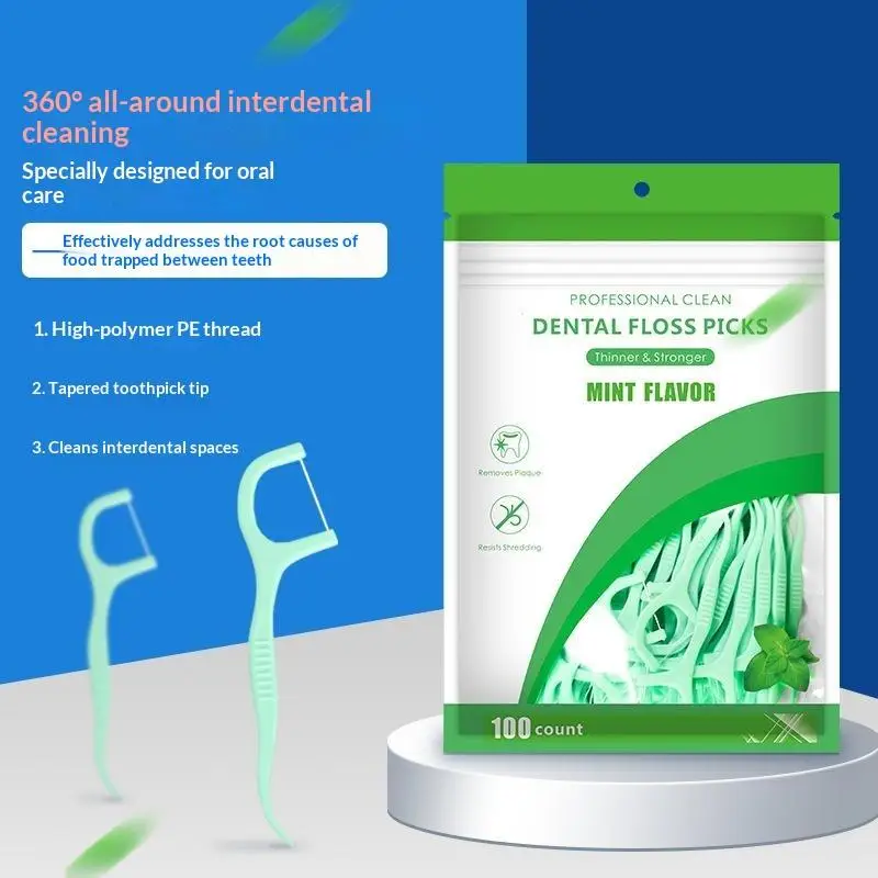 100Pcs Mint Mouthed Dental Floss - Interdental Cleaning Floss-Disposable Care Floss Stick - Suitable For Oral Care Cleaning