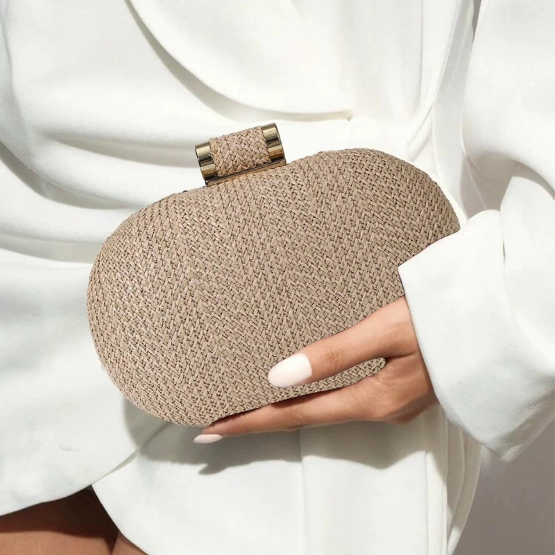 

Spring Summer Straw Clutch Bags Woven Solid Color Round Evening Bag Women's Oval Magnetic Suction Women's Crossbody Mini Handbag