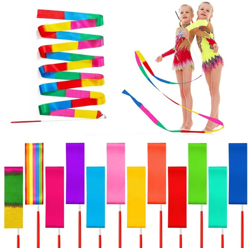 12PCS Rhythmic Gymnastics Rainbow Ribbon Dancing Wand Twirling Sticks Talent Shows Fiesta Carnival Party Games Kids And Adults