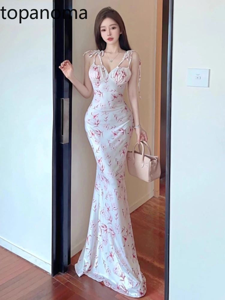 Topanoma Evening Dresses Women Sleeveless Floral Printed Bandage Sexy Slim Temperament Mermaid Dress Wedding Party Cocktail