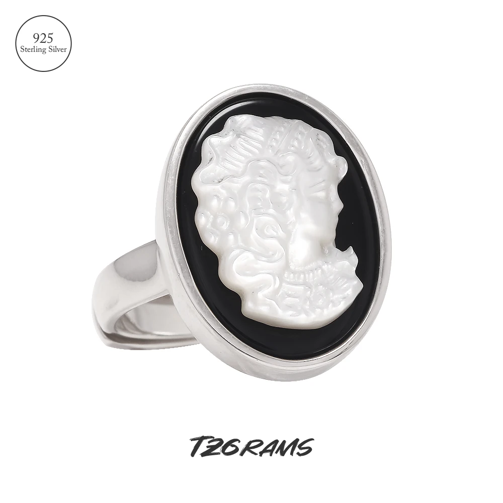 TZgrams Original 925 Silver Black Onyx Cameo Portrait Rings For Women White Shell Face Oval Open Ring Vintage Simple Jewelry