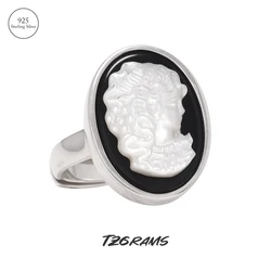 TZgrams Original 925 Silver Black Onyx Cameo Portrait Rings For Women White Shell Face Oval Open Ring Vintage Simple Jewelry