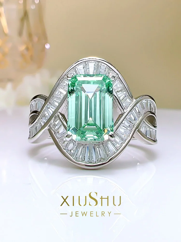 Artificial Palaiba Green Tourmaline Ring Emerald Cut Rock Sugar T Square Diamond 925 Silver High Carbon New Style