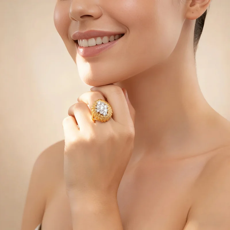 Litheline 24K Gold Plated Brass Rope-Textured Oval Ring, Marquise CZ Cluster Lead-free Nickel-Sensitive Piercings Friendly view 3