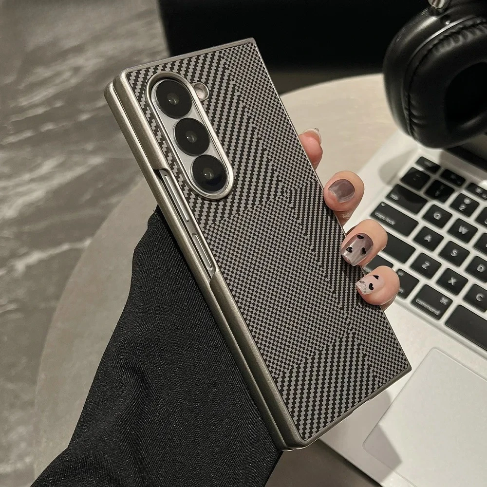 

Luxury Kevlar Carbon Fiber Pattern Plating Phone Case For Samsung Z Fold 7 6 5 4 Shockproof Bumper Matte Solid Color Back Cover