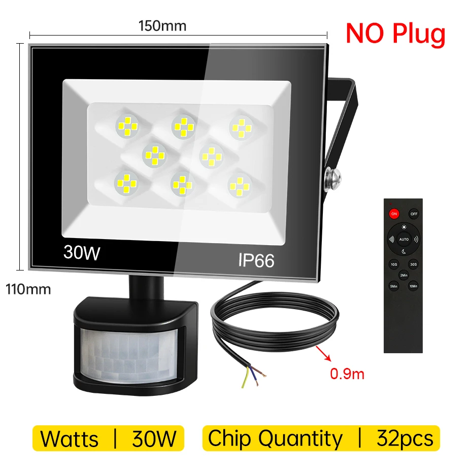 Outdoor LED Floodlight PIR Motion Sensor 100W 60W 30W AC220V IP66 Waterproof Street Garden Spotlight EU/AU/UK Plug with Remote