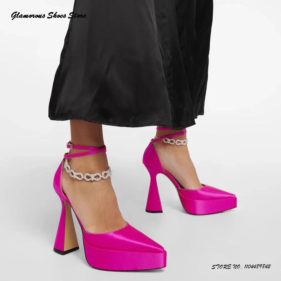 

Атласные туфли-лодочки на платформе с украшением и цепочкой с бантом, женские свадебные туфли с острым носком на массивном каблуке, весенне-осенние вечерние офисные туфли на высоком каблуке