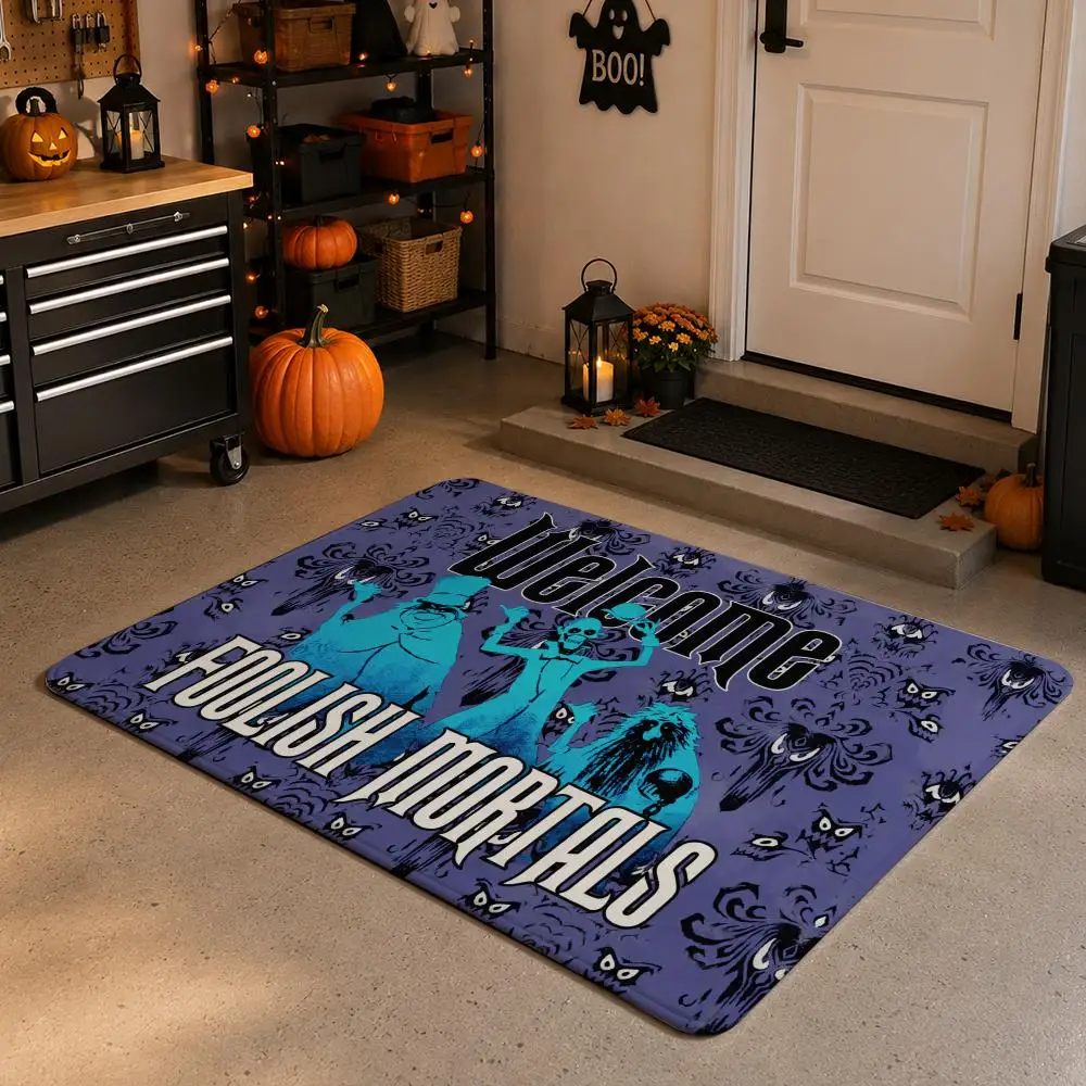Purple Gothic Ghosts Haunted Welcome Spooky Scene Floor Mat Soft Flannel Non Slip Absorbent Entryway Bathroom Bedroom Garage