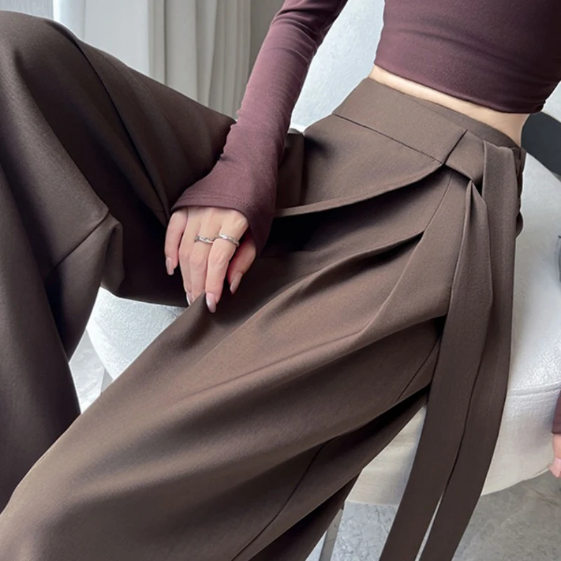 Irregular Strap Suit Pants Fake Two Pieces Wide-leg Pants For Women Commuting High-waisted Straight-leg High-end Long Pants