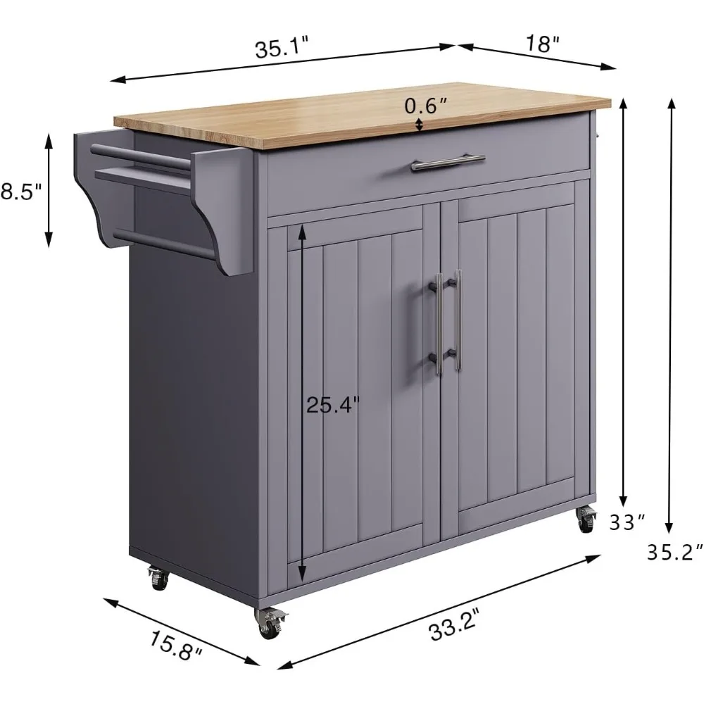 عربة جزيرة المطبخ الخشبية المتنقلة مع عجلات دوارة، وسطح منشفة، وبار توابل