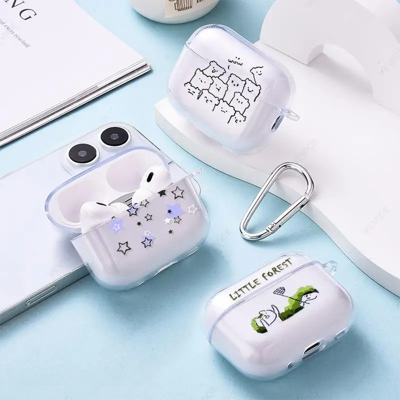 Korea Ins Cartoon Transparent Case For AirPods Pro 2 2nd Cover For Airpods 3 3rd 2 1 Pro Pro2 Cases Soft TPU Fundas With Hook