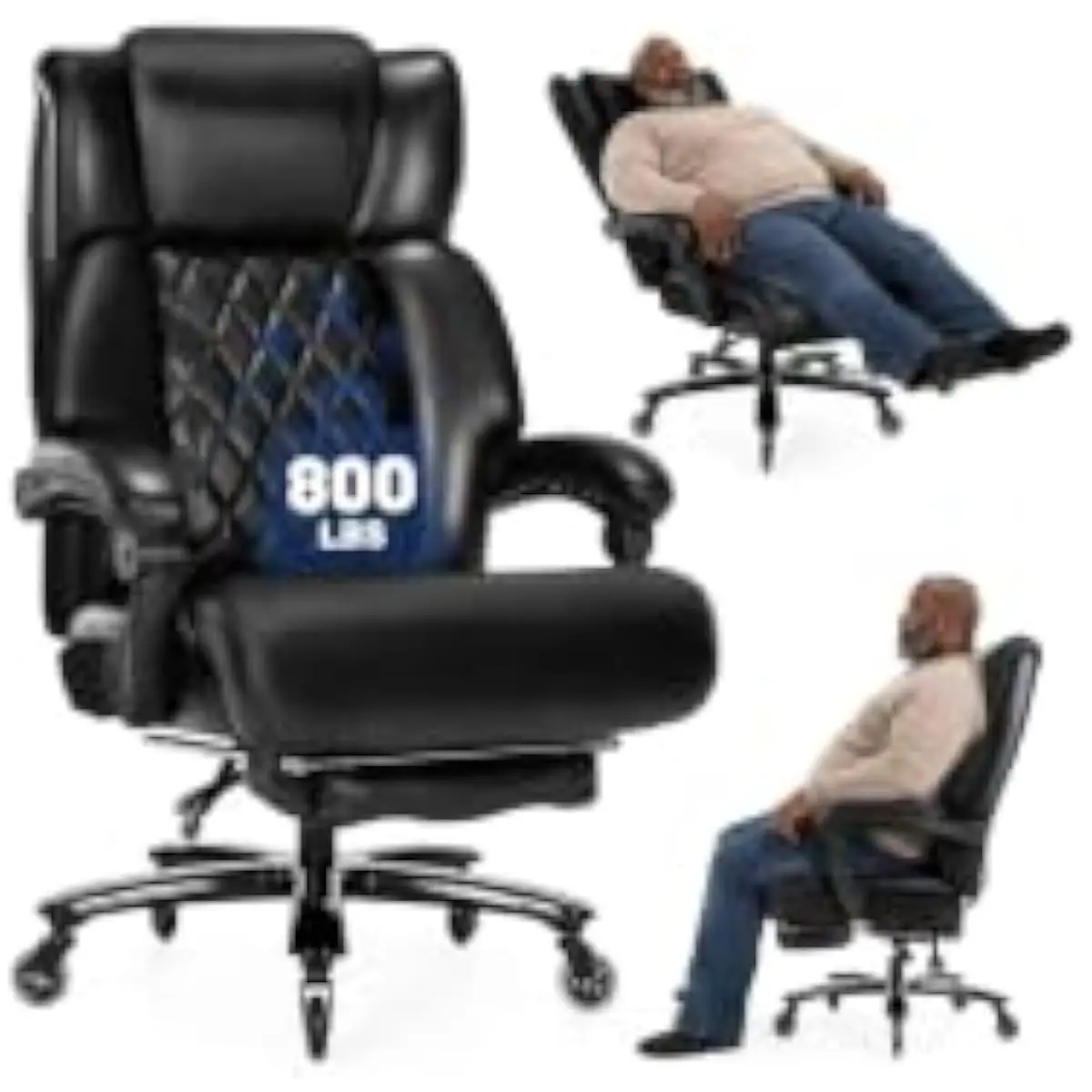 Heavy-duty executive desk chair with reclining backrest 90°–155°, adjustable height seat, retractable wavy footrest, breathable