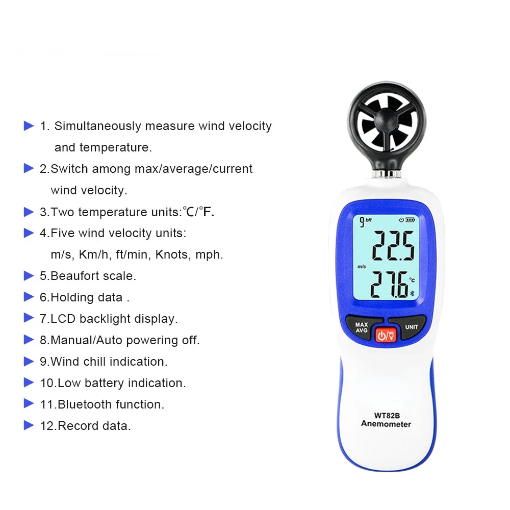 WT82B Bluetooth Digital Mini Anemometer Data Transmission Temperature and Velocimeter