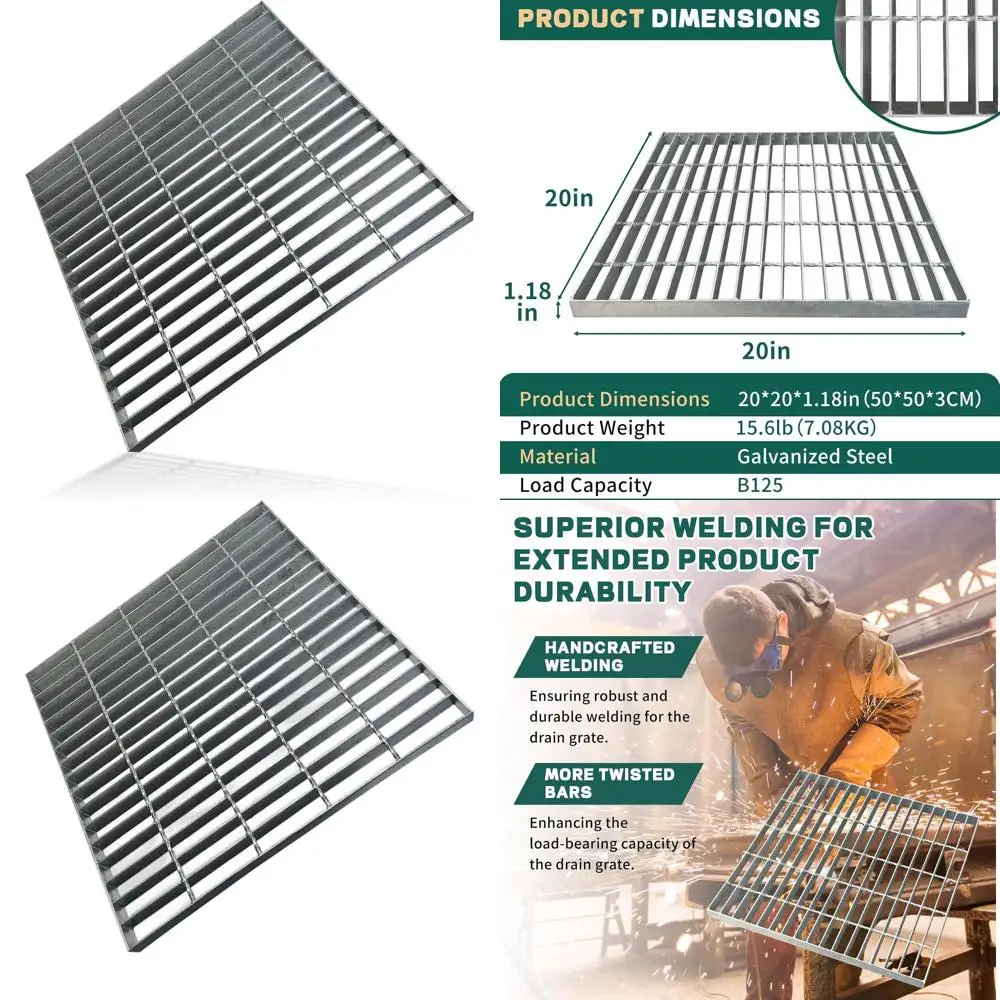 

Heavy-Duty 20x20 Inch Galvanized Steel Sewer Grate, Weatherproof B125 Class Drain Cover, 50cm Square Outdoor Drainage Grate