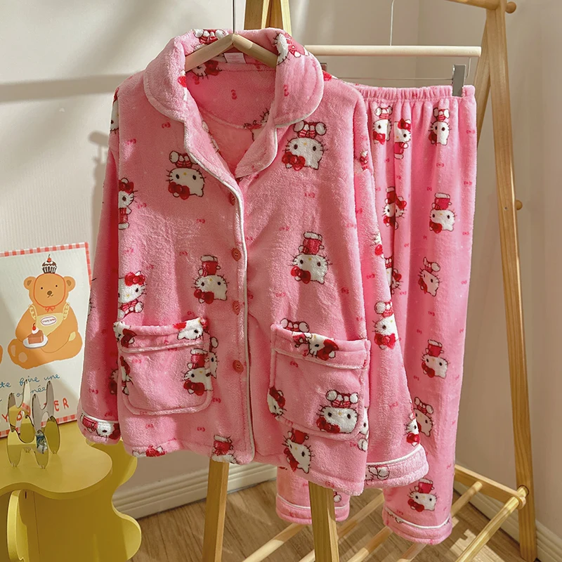 

Женская зимняя Пижама Sanrio, Hello Kitty, флисовый кардиган с отворотом, домашняя одежда, комплект из двух предметов, утепленная теплая пижама из кораллового флиса