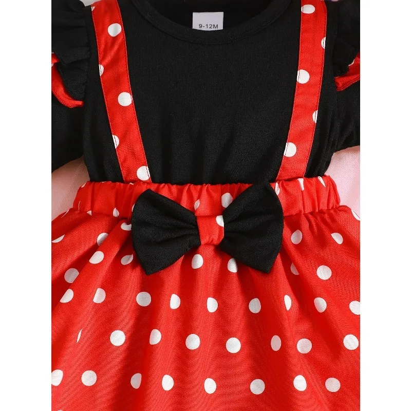 Infant Girl Red Polka Dot Suspender Dress Set Ruffle Tee Bow Headband Baby Minnie Outfit Kids Birthday Party  Costume