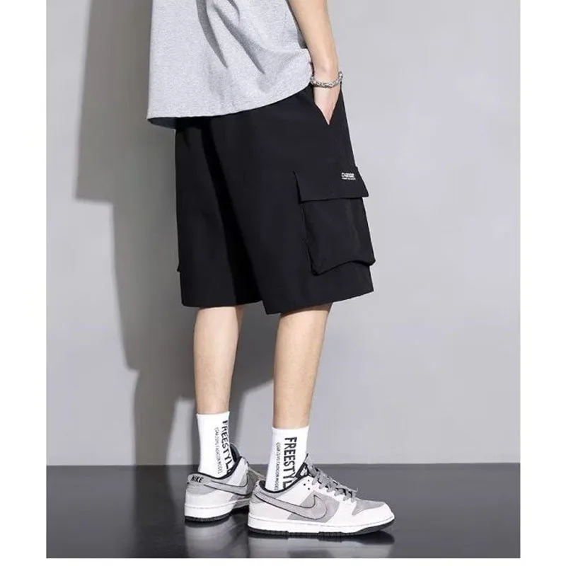 2024 Retro Work Shorts New Men's Elastic Drawstring Pockets Solid Color Fashion Thin and Versatile Ice Silk Casual Knee Pants