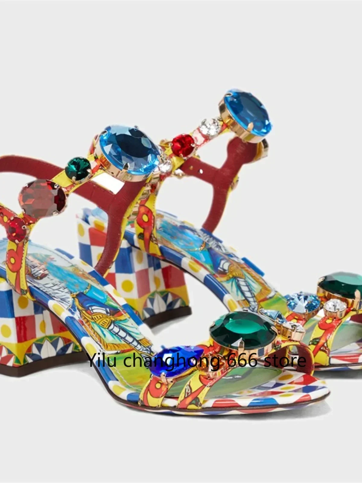 

2025 New Arrivals Round Toe Crystal Women Sandals Blingbling Mixed Color Slingback Square Heel Fashion Buckle Strap Women Shoes