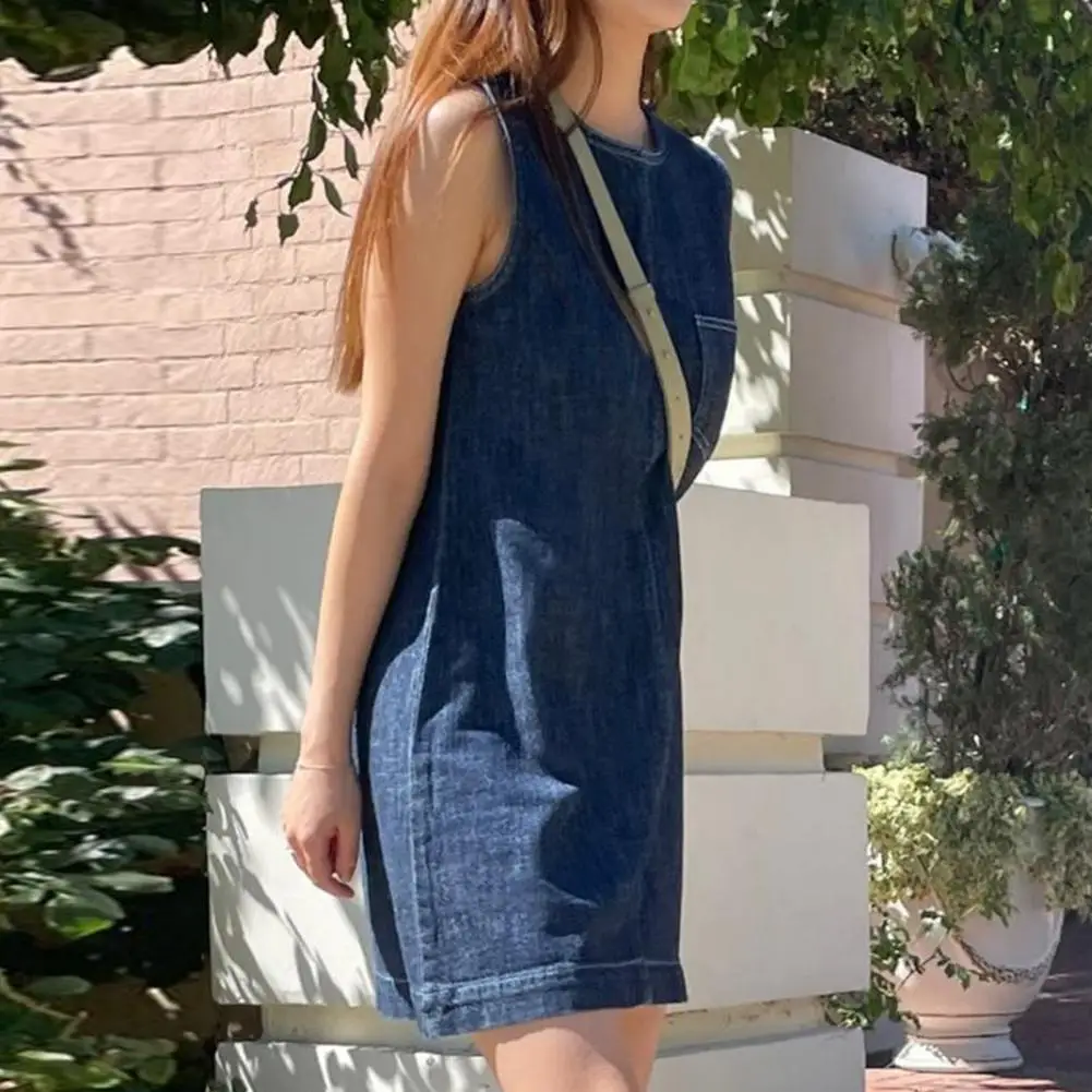 Vestido de verão feminino em torno do pescoço sem mangas cor sólida solto retalhos bolso no peito a linha macio acima do joelho mini vestido