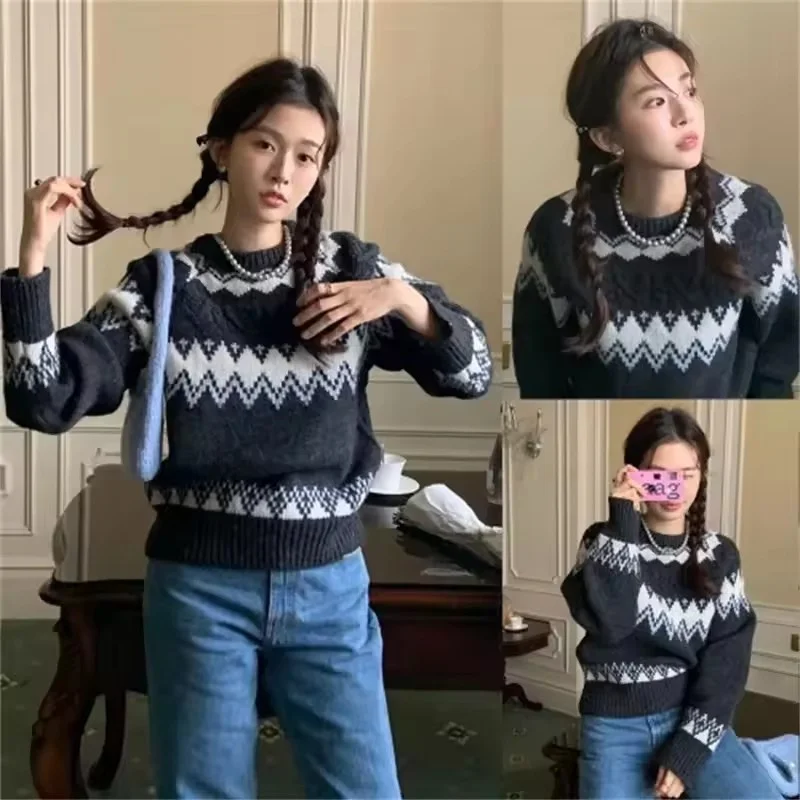 

Autumn Winter New Retro Pullover Sweater Women Fashion Loose Joker Knitte Sweater Female Thicken Warm Splicing Sweater Lady Tops