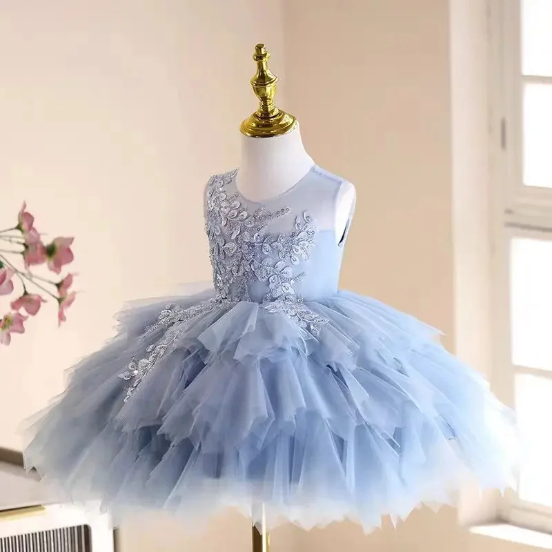 Gaun Gadis Bunga Biru Muda Kustom untuk Pernikahan Applique Berlapis Panjang Lutut Gaun Perjamuan Komuni Pertama Anak Cantik