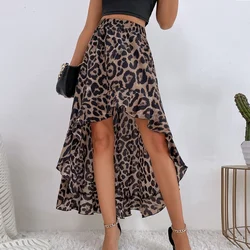 Casual Chic Women Leopard Print Skirt 2022 New Fashion Print Skirt Irregular Hem Ruffled Elastic Waist Sexy Midi A-line Skirt