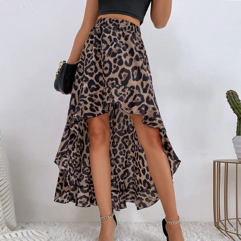 Casual Chic Women Leopard Print Skirt 2022 New Fashion Print Skirt Irregular Hem Ruffled Elastic Waist Sexy Midi A-line Skirt