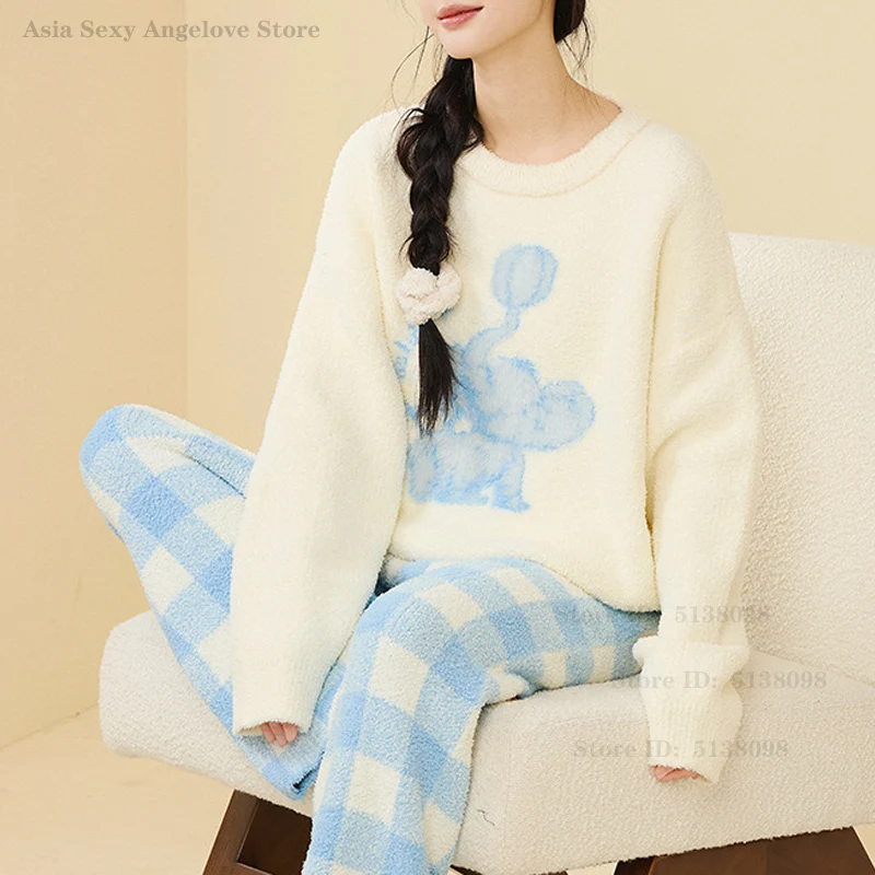 

Winter Female Pajamas Set Sleepwear Warm Coral Fleece Trouser Pijamas Suit Cute Cartoon Nightwear Loose Thick Flannel Home Wear