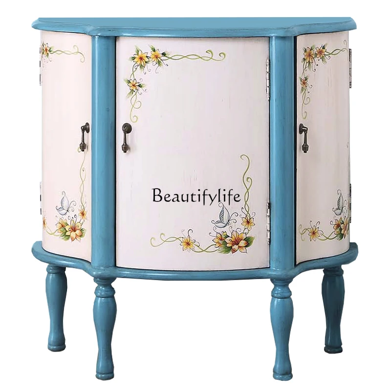 

*American retro entrance cabinet painted European solid wood living room semi-round edge cabinet