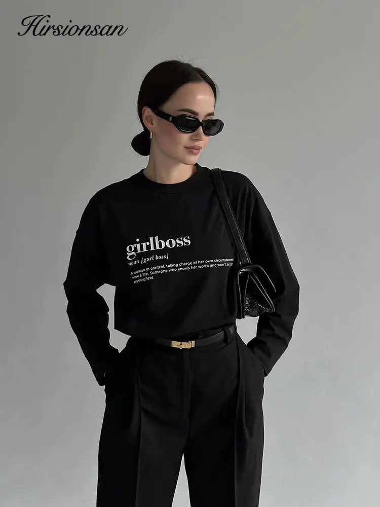 Hirsionsan Gentle Letter Printed O-neck Long Sleeve T Shirts Women Vintage Basic All-match Pullover Tees Female Leisure Clothing