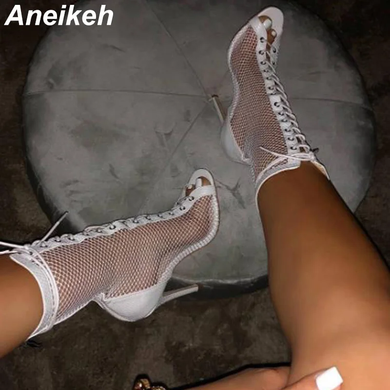 Aneikeh Fashion Women Ankle Boots Hollow Out Mesh High Heels Shoes Woman Lace-Up Open toe Sexy Sandals Boots Mujer Black White