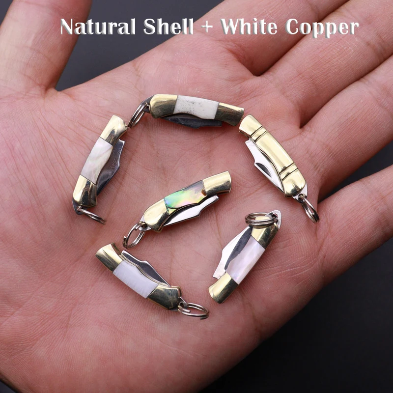 27MM Natural Shell Folding Knife Pocket Keychain Portable Brass White Copper MINI Knife Outdoor Camping Tools Hunting EDC Knife