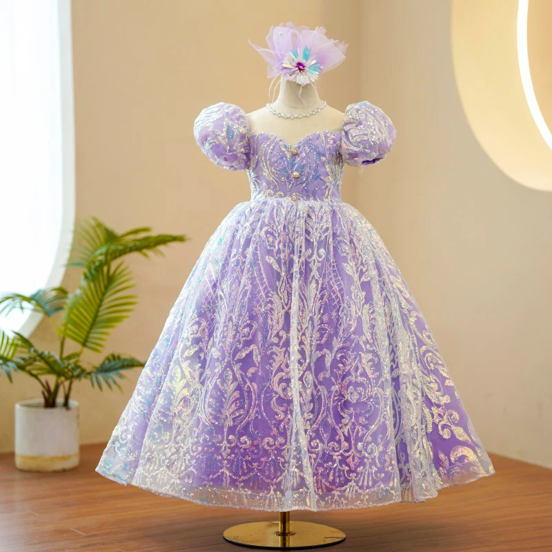 Little Girls Princess Party Dress Kids Birthday Long Puff Sleeve Gown Teen Girls School Drama Performance Dresses Evening Formal