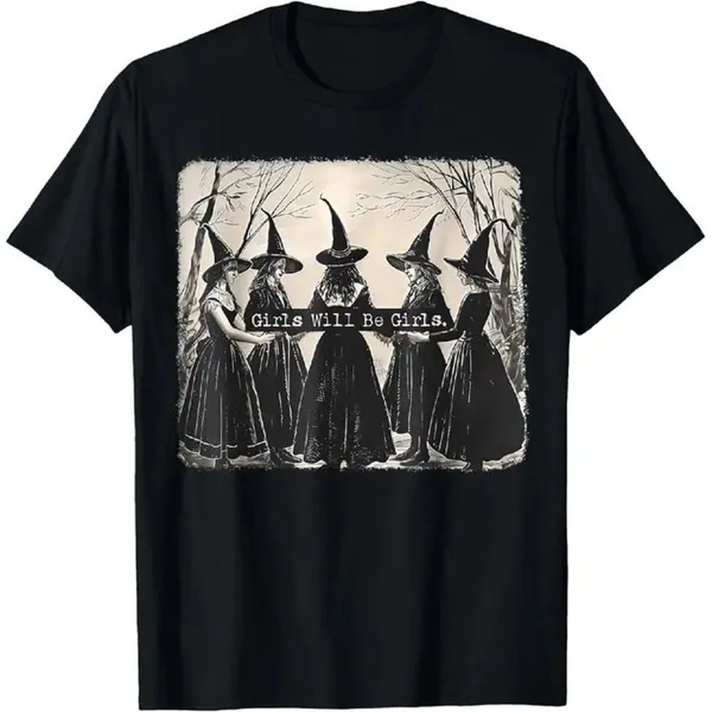 Casual Halloween Witch Graphic T-Shirt, 100% Cotton Round Neck Short Sleeve Regular Fit Knit Fabric Tops, Shortsleeve, All-Seasons, Printed, Slight Stretch, Menswear