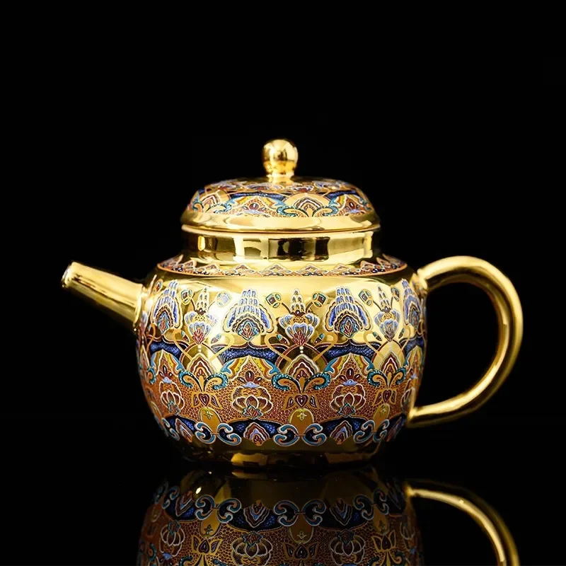 Unique Luxury Chinese Master Handmade Dunhuang Impression Gilt Teapot with Flower Enamel Teapot Tea Cup Lid Bowl Golden Teapot