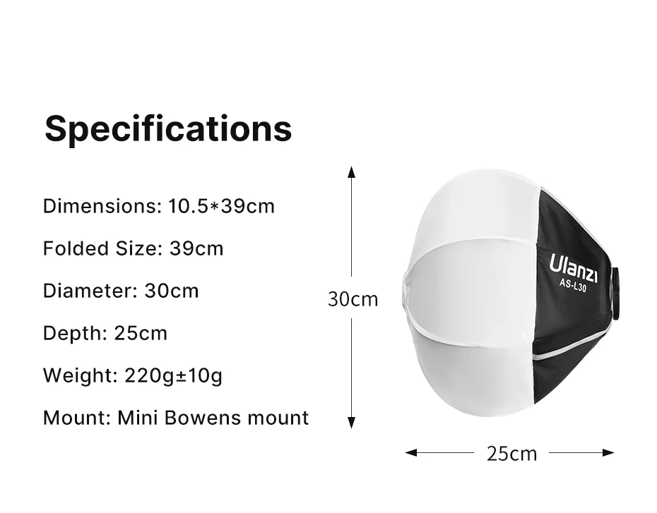 Ulanzi AS-L30 30 cm Laterne Softbox mit Mini Bowens Mount Quick Release Ball Diffusor Lichtmodifikator für Ulanzi LT028 LT005 COB – Detail 9