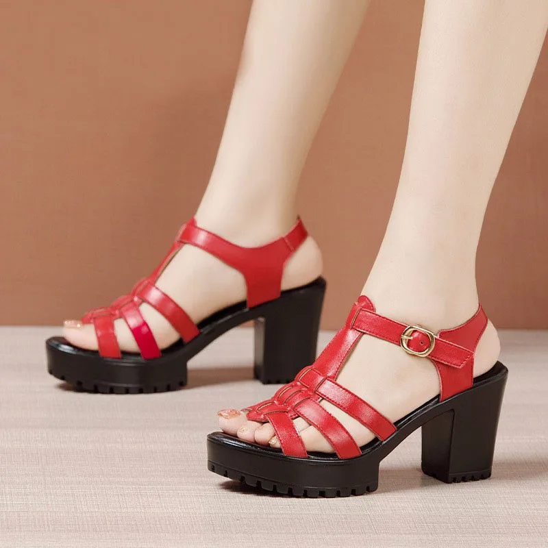 High quality summer leather sandals for women 8cm high heel 2024 size 32 33 42 43 platform open toe elegant shoe black red white