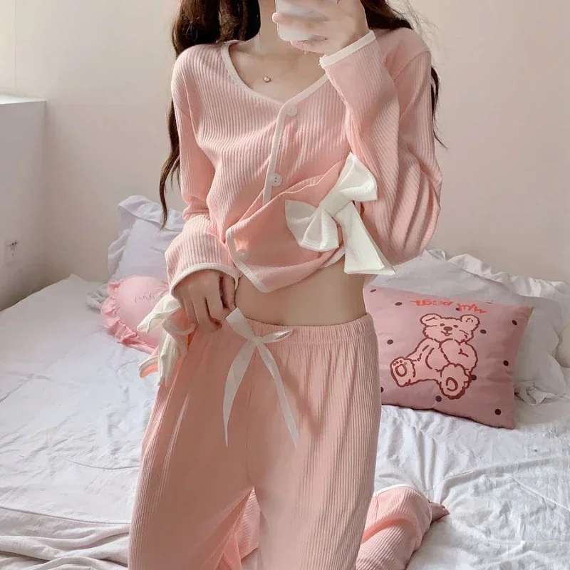 Pajama Sets Women Sweet Bow Fashion Korean Long Sleeve Sleepwear Simple Comfort Schoolgirls Elegant Lounge Spring New Two Pieces