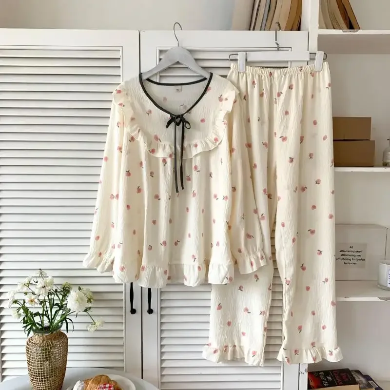 

Light Yellow Pajamas with Pants Women Sweet Ruffles Collar Top Trousers Suit Cotton Print Pyjama Pour Femme Loose Nightwear